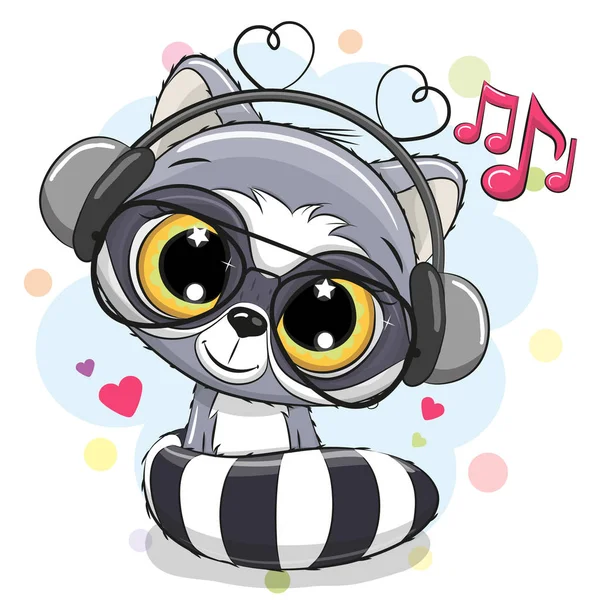 Beyaz bir arka plan üzerinde kulaklık ile sevimli çizgi film rakun