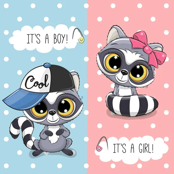 Baby Shower Greeting Card Cute Raccoon Boy Girl — Stockvector