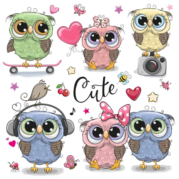 Set Cute Cartoon Owls White Background — Stock Vector