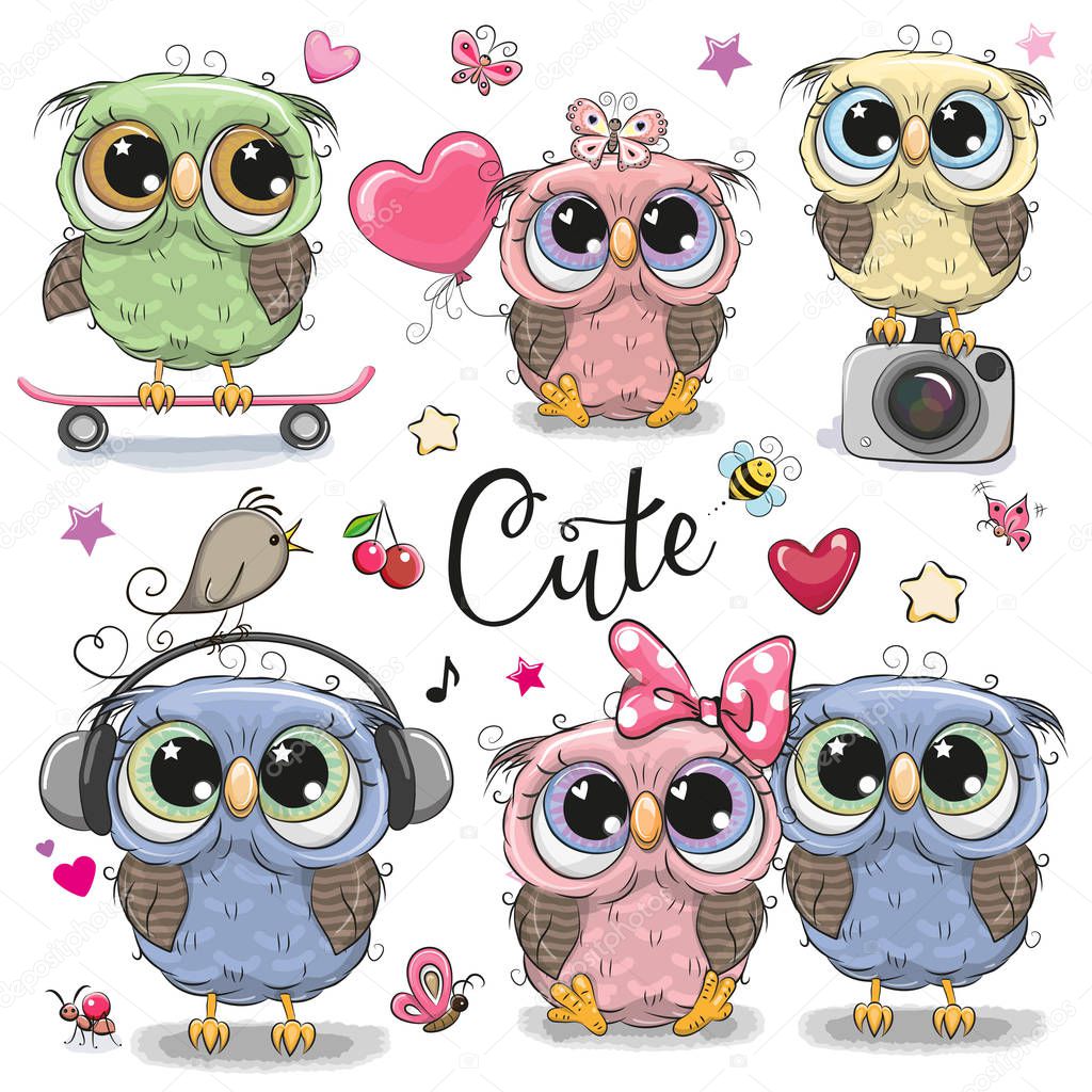 Set of cute cartoon owls on a white background
