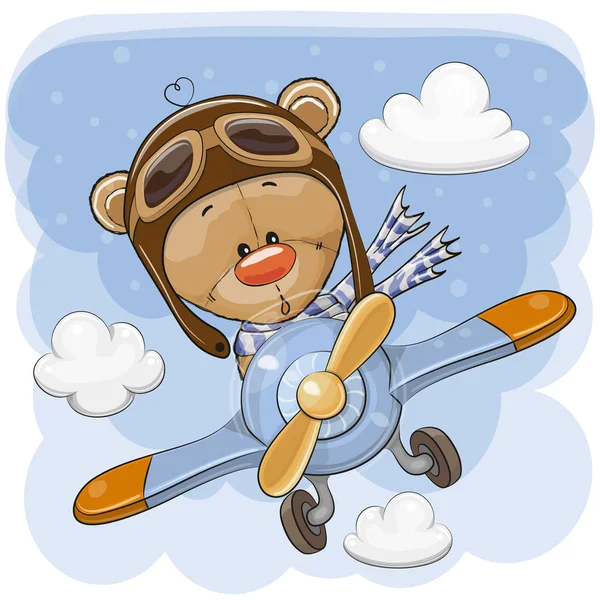 Cute Cartoon Teddy Bear is flying on a plane