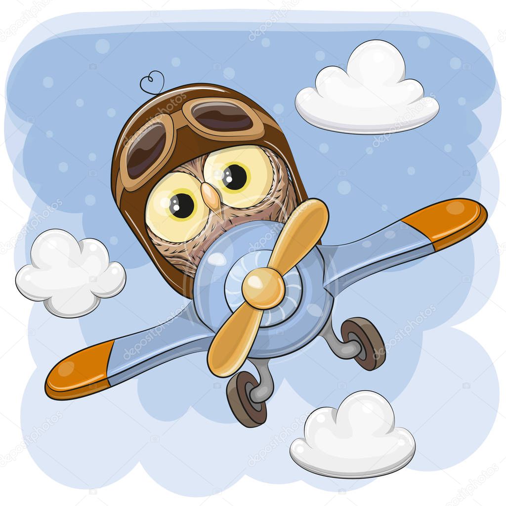 Cute Cartoon Owl is flying on a plane