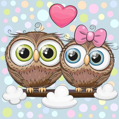 İki sevimli çizgi film baykuşlar dal ile tebrik kartı