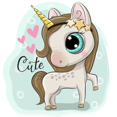 Sevimli çizgi film tek boynuzlu at üzerinde mavi bir arka plan