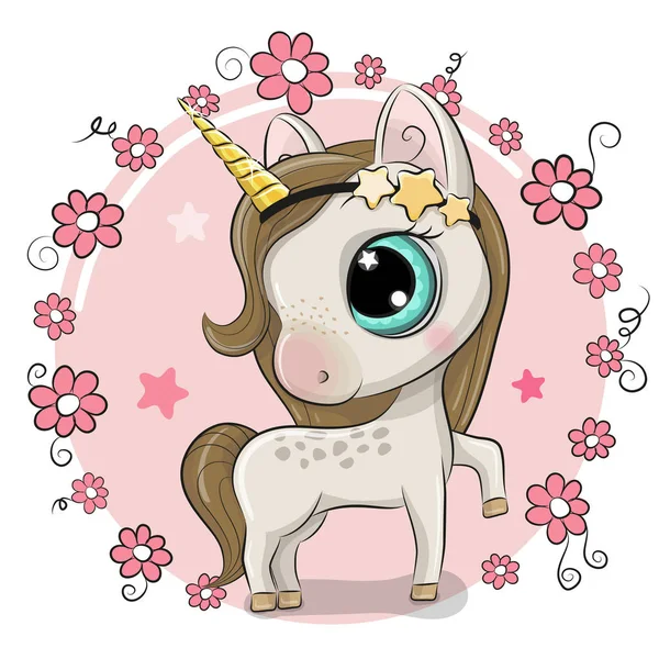 Mignon Dessin Animé Licorne Sur Fond Fleurs — Image vectorielle