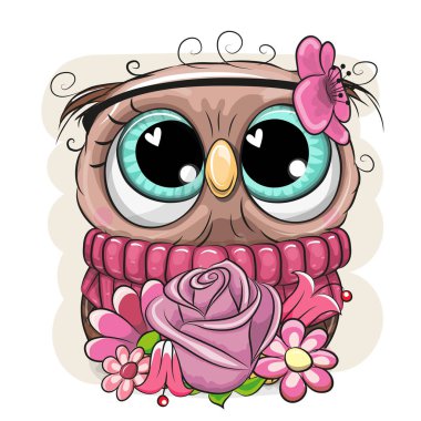 Beyaz arka planda çiçekleri olan sevimli Çizgi Baykuş