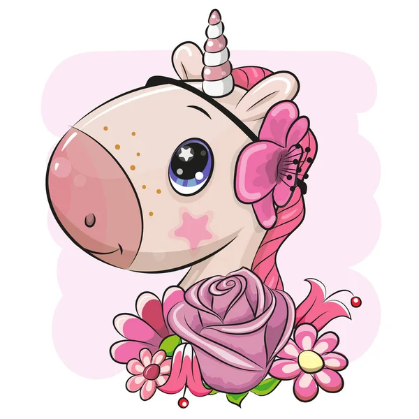 Mignon Dessin Animé Licorne Avec Des Fleurs Sur Fond Rose — Image vectorielle