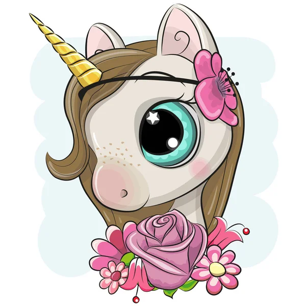 Schattige Cartoon Unicorn Met Bloemen Een Blauwe Achtergrond — Stockvector