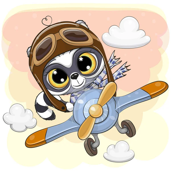 かわいい漫画のアライグマは飛行機で飛んでください — ストックベクタ