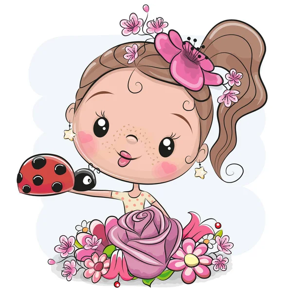花とてんとう虫白背景かわいい漫画の女の子 — ストックベクタ