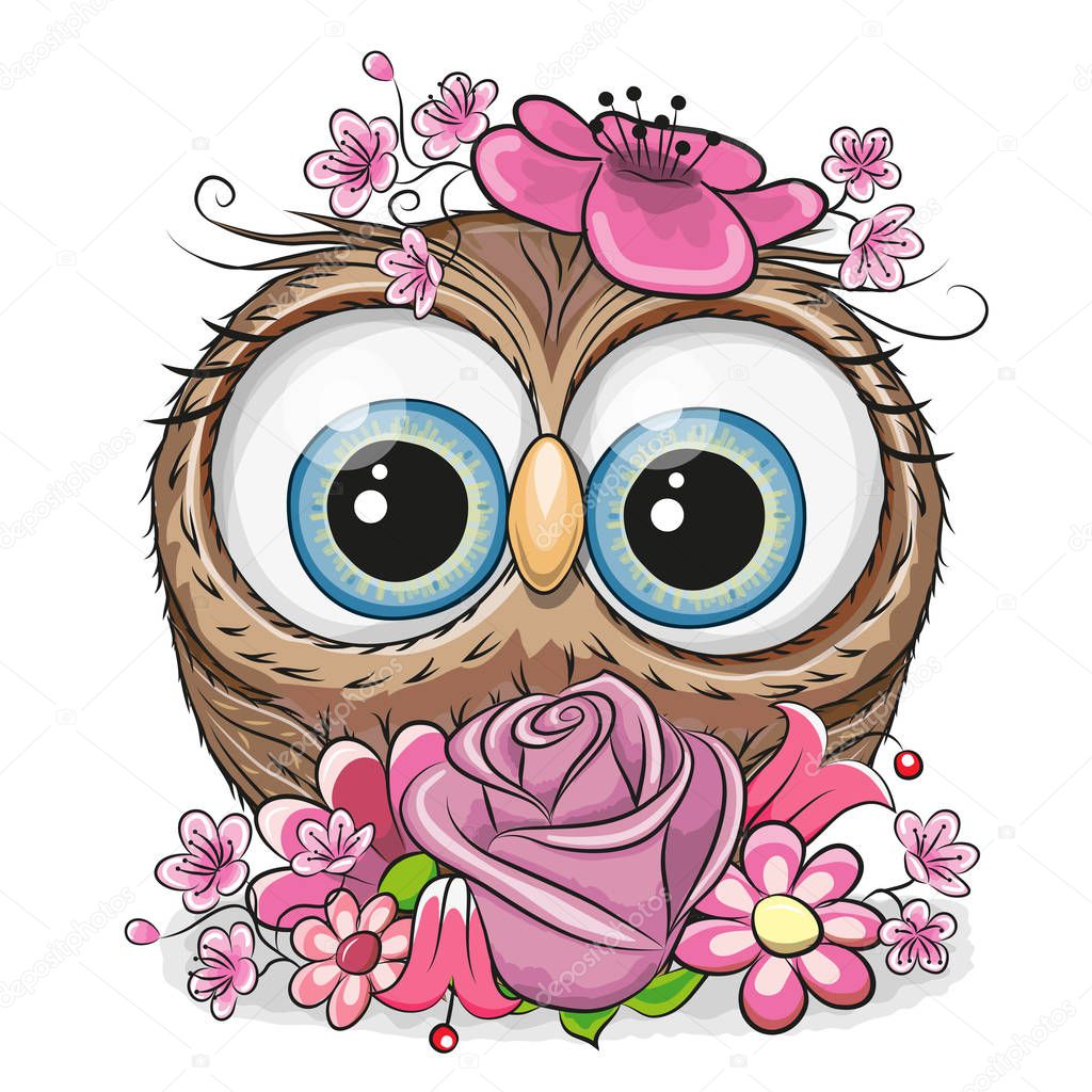 Cute Cartoon Owl with flowers on a white background