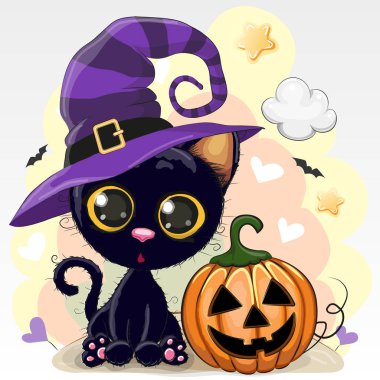Sevimli çizgi kedi kabak ile Halloween çizimi