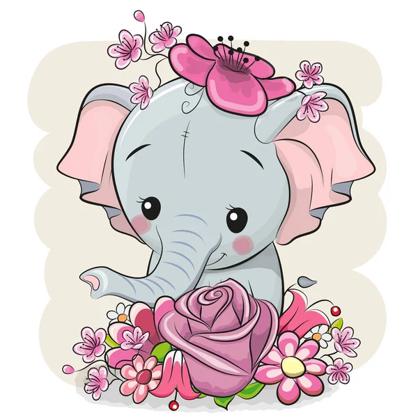 Söt Tecknad Elefant Med Blommor Vit Bakgrund — Stock vektor
