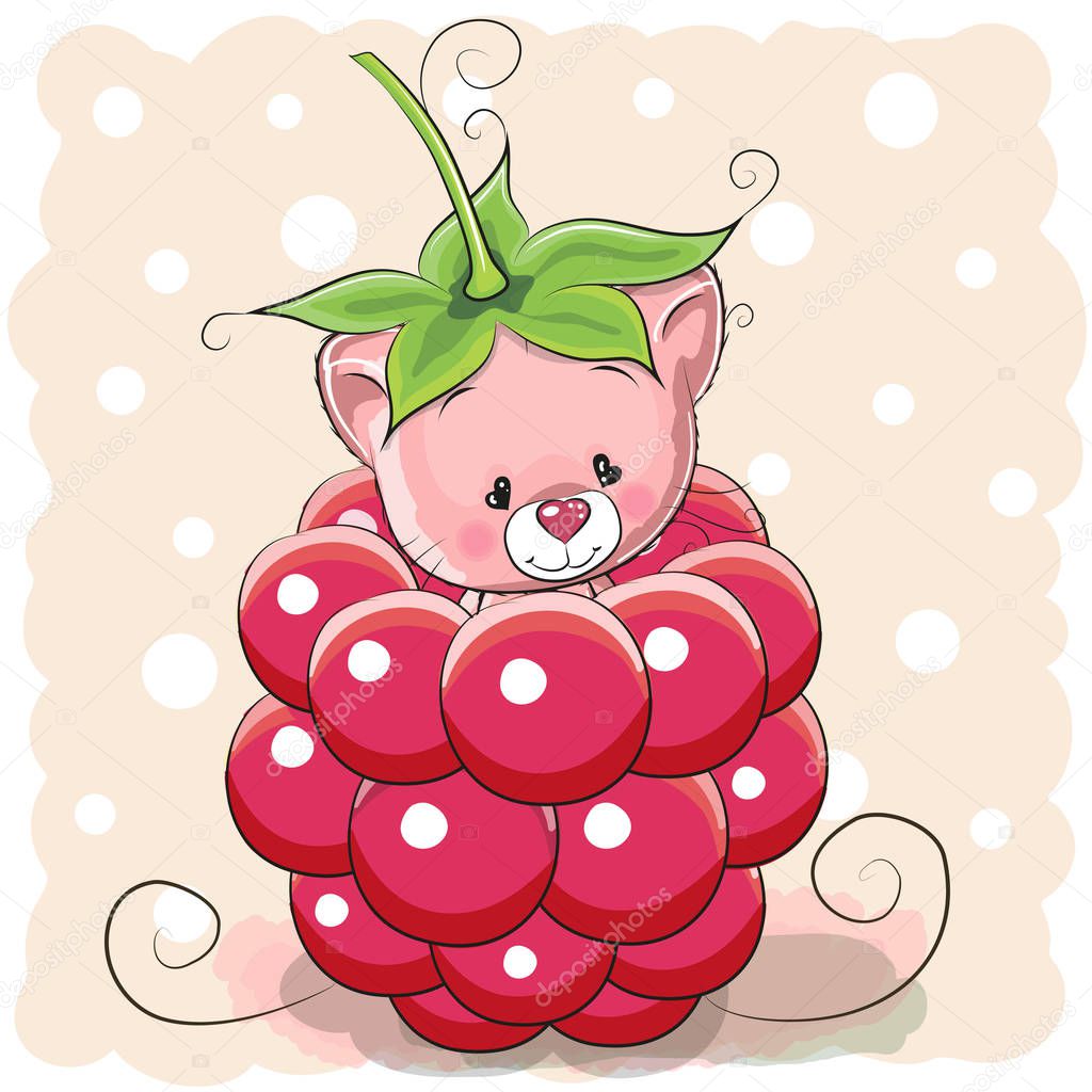 Cute Cartoon Kitten is sitting inside a raspberry