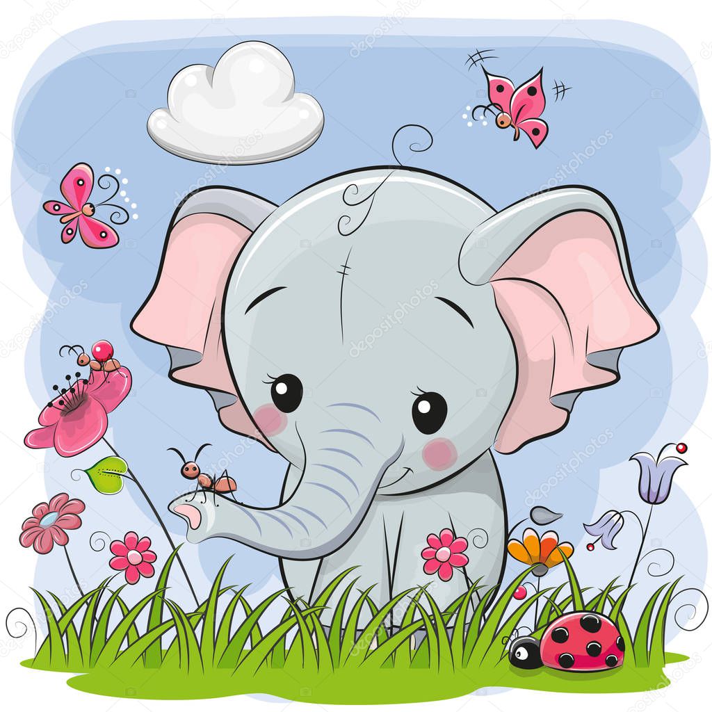 Cute Cartoon Elephant on a meadow with flowers and butterflies