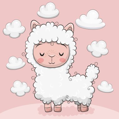 Bulutların üstünde pembe bir arka plan ile sevimli çizgi film alpaka