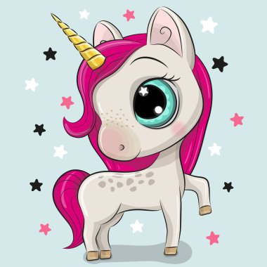 Sevimli çizgi film mavi bir arka plan üzerinde izole tek boynuzlu at