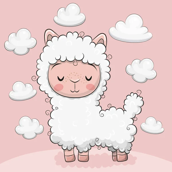 Cute Cartoon Alpaca Clouds Pink Background — Stock Vector