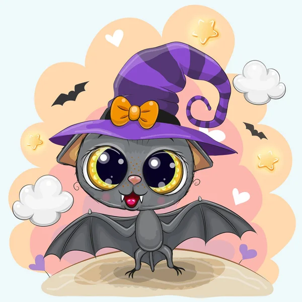 可爱的卡通蝙蝠在万圣节的帽子 — 图库矢量图片
