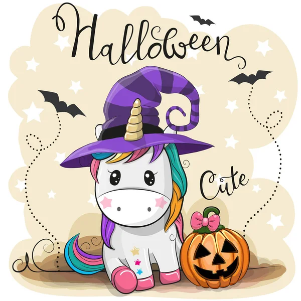 Groet Halloween Kaart Cute Cartoon Unicorn Met Pompoen — Stockvector