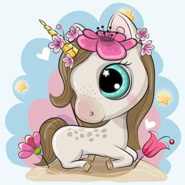 Mavi bir arka plan üzerinde çiçekler olan sevimli çizgi film at