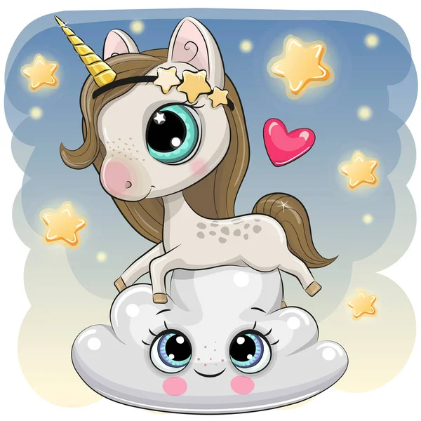 Cute Cartoon Unicorn Sedang Berbaring Atas Awan - Stok Vektor