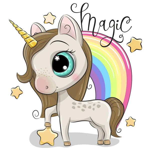 Schattige Cartoon Unicorn Een Regenboog Geïsoleerd Een Witte Achtergrond — Stockvector