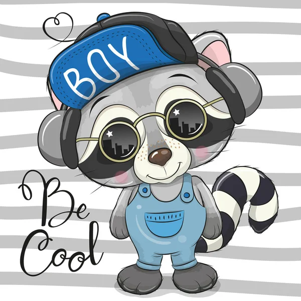 Cool Cartoon Cute Mapache Con Gorra Gafas Sol — Vector de stock