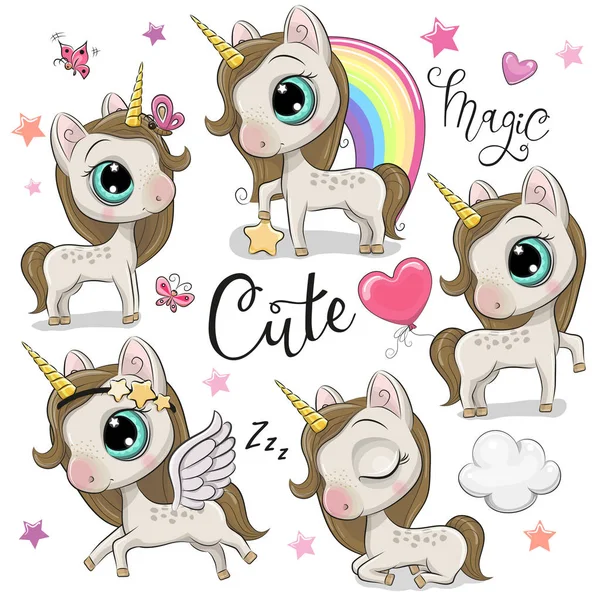 Conjunto Lindos Unicornios Dibujos Animados Aislados Sobre Fondo Blanco — Vector de stock