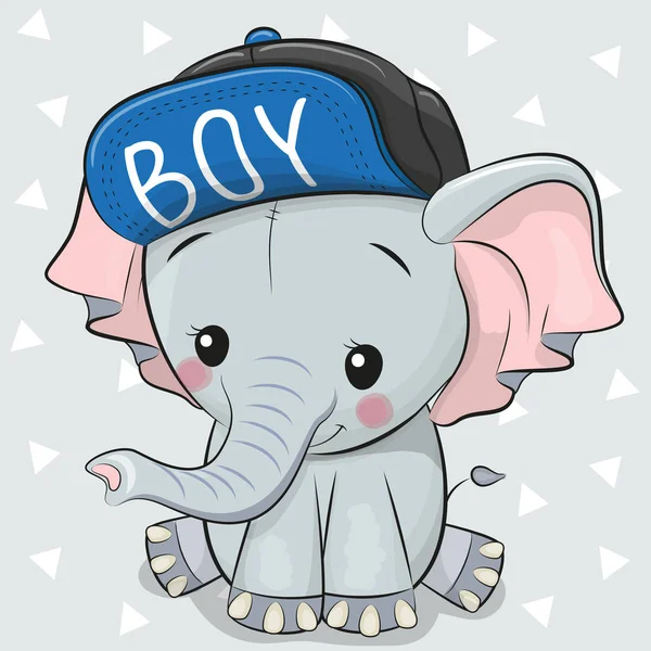 Niedlicher Cartoon Elefant Mit Blauer Mütze Auf Weißem Hintergrund — Stockvektor