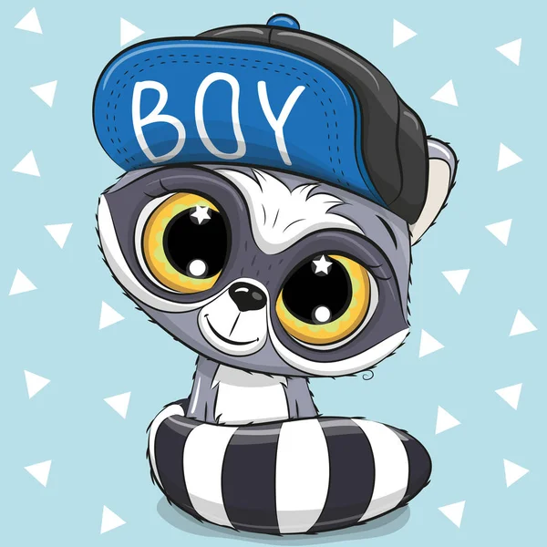 Beyaz zemin üzerinde mavi bir kap ile sevimli çizgi film rakun