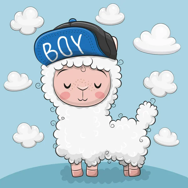 Cute Cartoon Alpaca Cap Clouds Blue Background - Stok Vektor