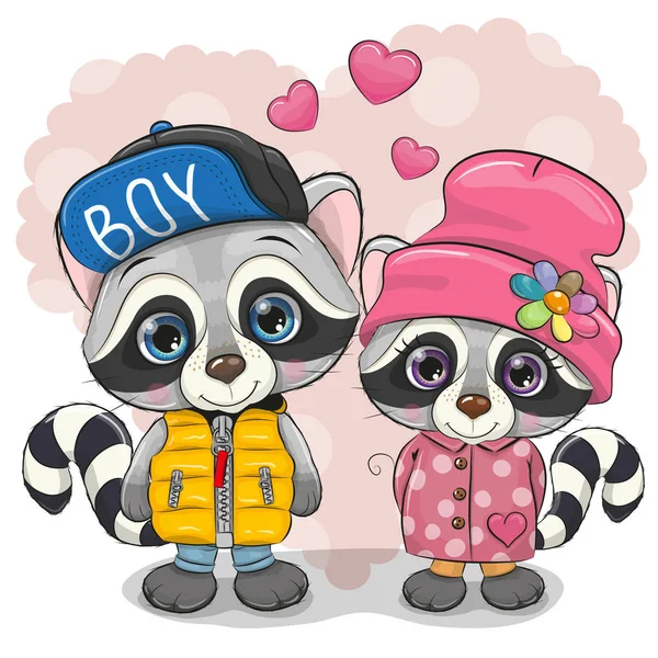 Two Cute Cartoon Raccoons Boy Girl Heart Background — Stock Vector