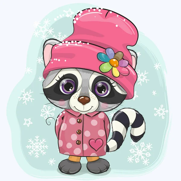 Carino Cartoon Raccoon Ragazza Cappotto Cappello Uno Sfondo Neve — Vettoriale Stock