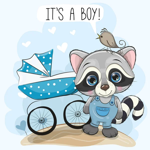 Greeting Card Its Boy Baby Carriage Cute Raccoon — Stock Vector