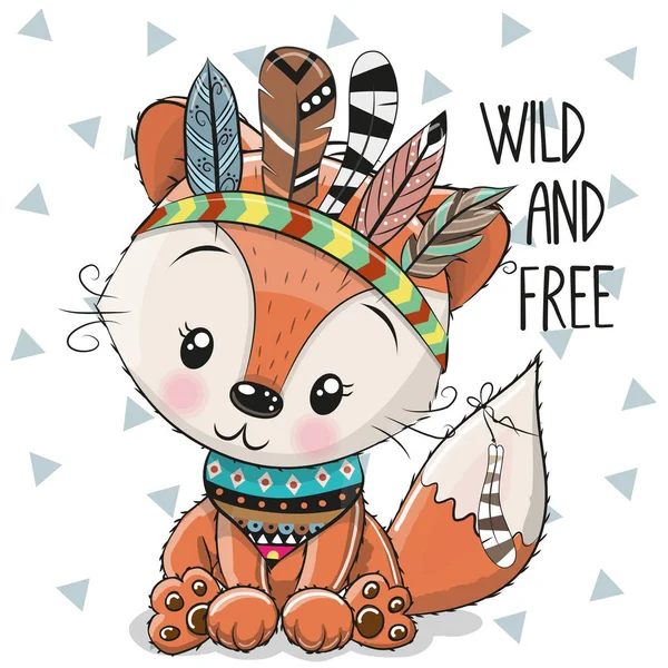 Mignon Cartoon Tribal Fox Avec Des Plumes Sur Fond Blanc — Image vectorielle