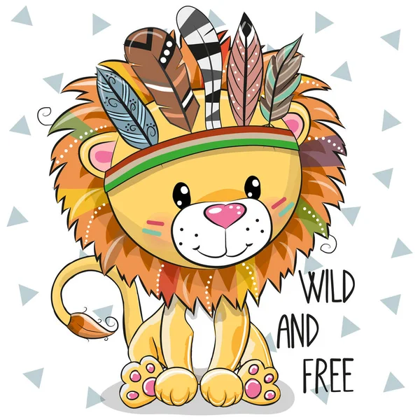 Cute Cartoon Tribal Lion Feathers White Background — Stock Vector