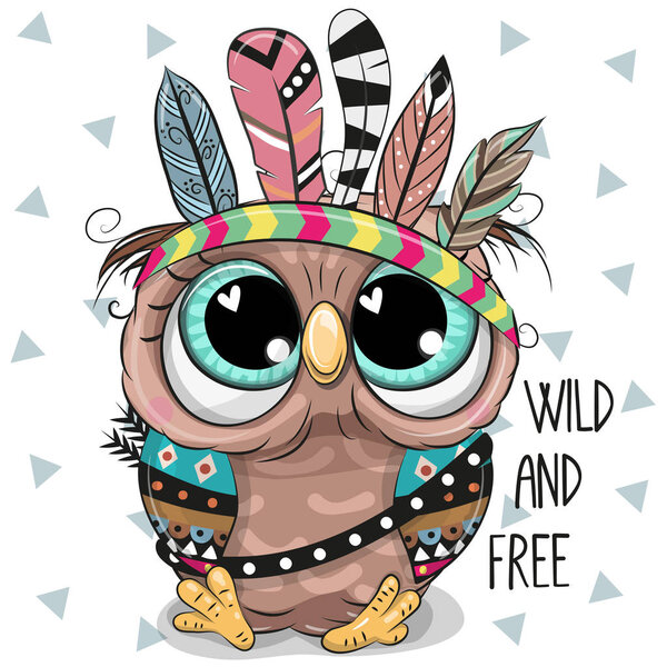 Cute Cartoon tribal Owl with feathers on a white background
