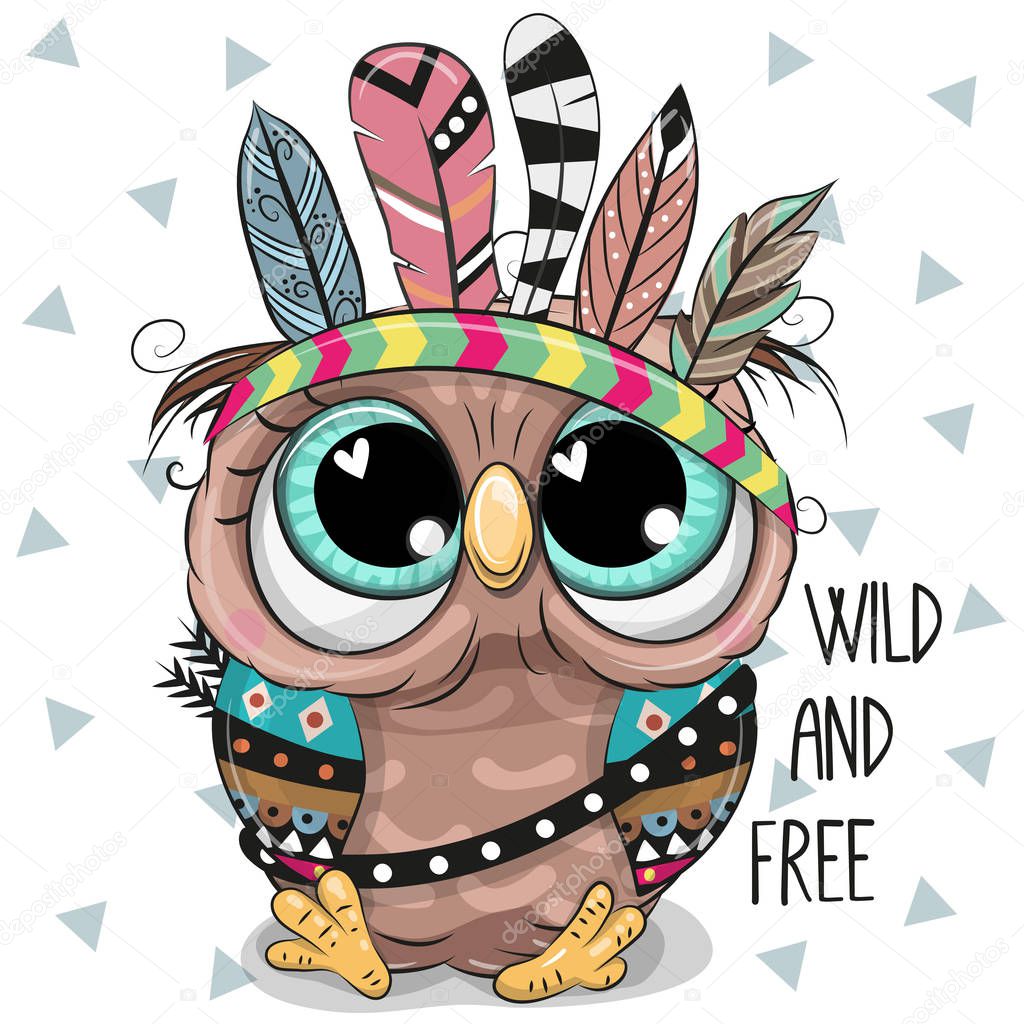 Cute Cartoon tribal Owl with feathers on a white background