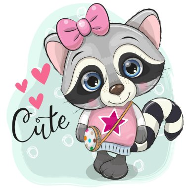 Sevimli çizgi film rakun kız mavi bir arka plan üzerinde bir yay ile