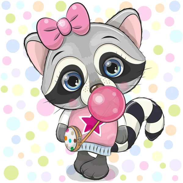 Cute Cartoon Raccoon Pink Hat Bubble Gum — Stock Vector