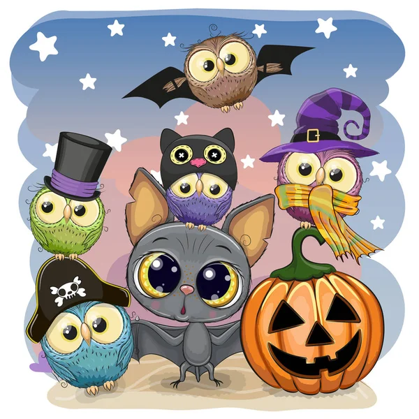 Groeten Van Halloween Kaart Cute Cartoon Vleermuis Met Pompoen Vijf — Stockvector