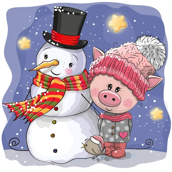 Niedliches Cartoon Schwein Mit Strickmütze Und Schneemann — Stockvektor