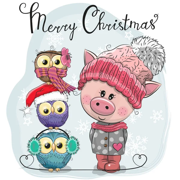 Рождественские Открытки Cute Cartoon Pig Three Owls — стоковый вектор