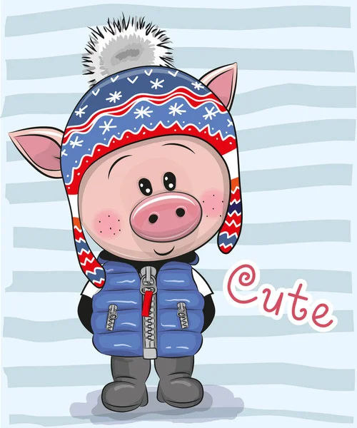 Cute Cartoon Pig Boy Blue Hat Coat — Stock Vector