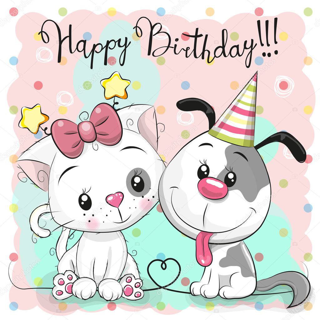 Greeting Birthday card with cute cartoon cat and dog