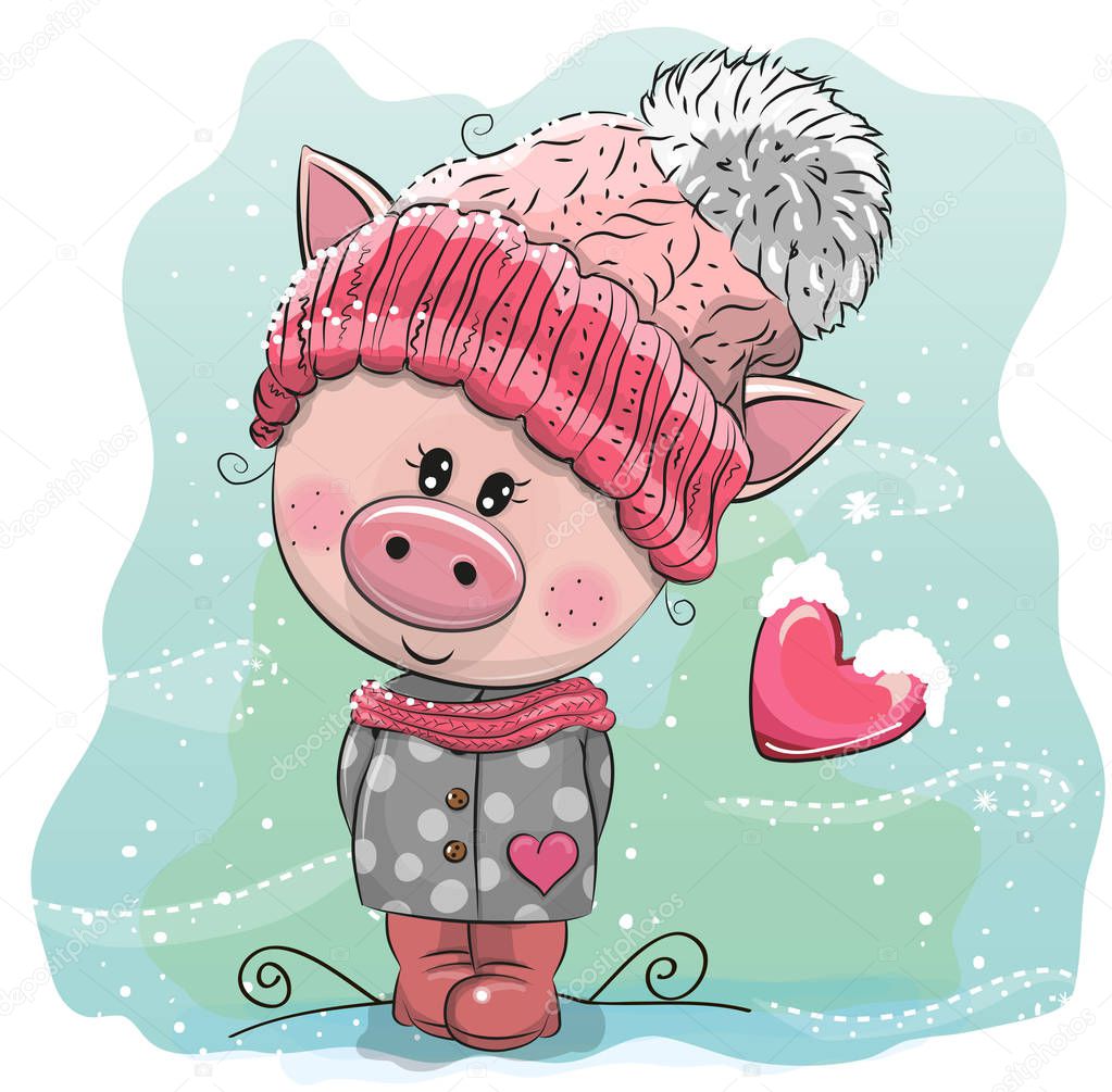 Cute Cartoon Pig in a pink knitted cap sits on a snow
