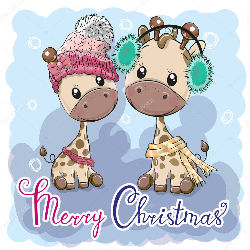 Cute winter illustration Giraffes Boy and Girl in hats