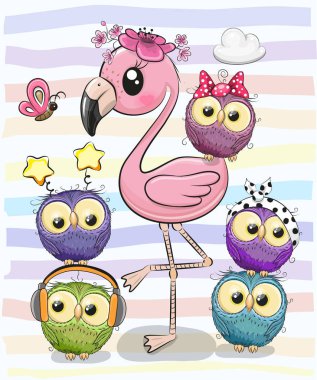 Sevimli çizgi film pembe flamingo ve beş baykuşlar