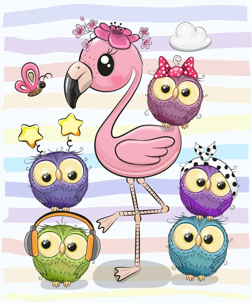 Cute Cartoon Pink Flamingo Five Owls — Stock Vector